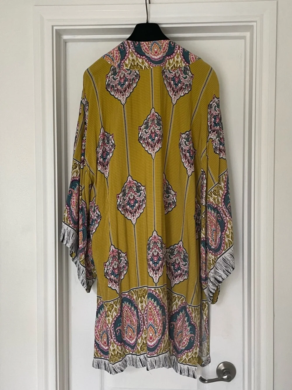 Jaase Mustard Yellow Olive Paisley Kimono Robe Cover-Up Duster M - Picture 4 of 10